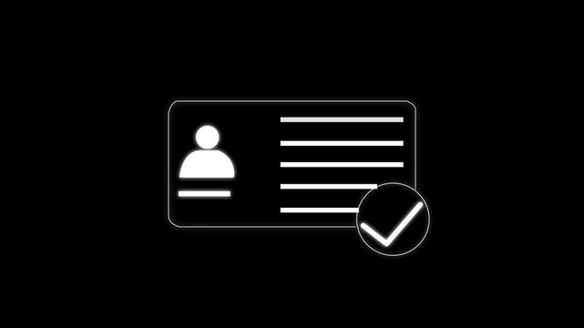 Animation of id card icon with check mark. Alpha channel, transparent background. Colorful ID Card Icon Animation. ID card on color screen. National id, card, voter id. identity document sign animatio