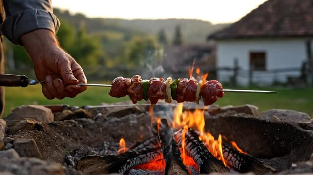 Outdoor cooking of kebabs over a wood fire pit for a delicious meal in a rural setting