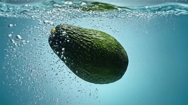 Avocado Dropping into Clear Water with Bubbles.