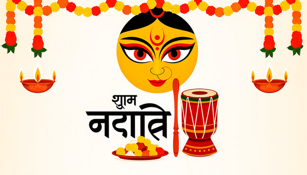 Shubh navratri greeting with goddess durga face dhol drum marigold flowers