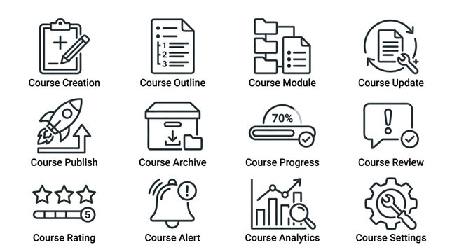 A set of twelve minimalist line icons depicting various e-learning and course management concepts, including creation, publishing, analytics, and settings in a simple, modern style on a whit