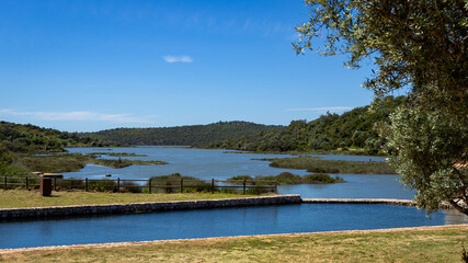 Obraz premium Serene natural landscape with a tranquil lake and lush green hills under a clear blue sky