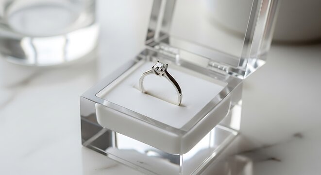 Diamond solitaire engagement ring in box.