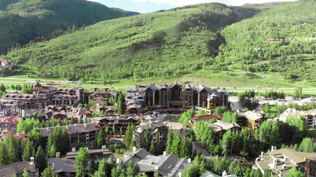 Aerial view of Vail skyline and countryside from drone, Colorado. Slow motion