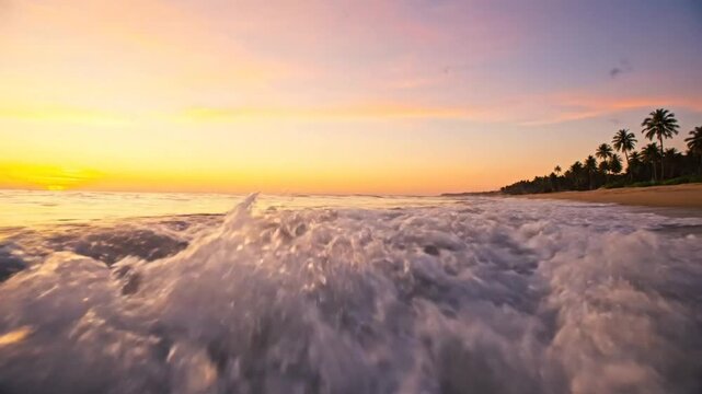Low angle view of ocean wave breaking on sandy beach during golden hour sunrise with palm trees