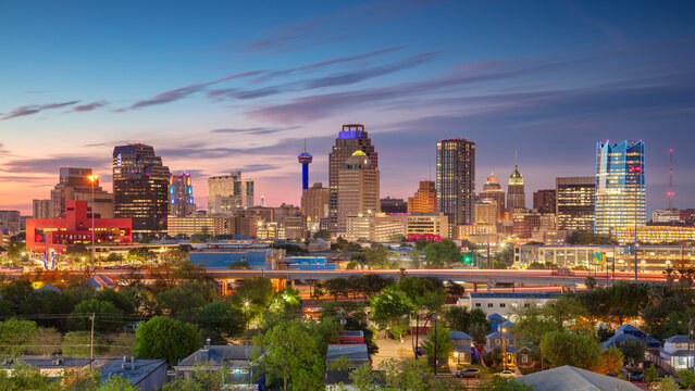 San Antonio, Texas, USA. Aerial cityscape image of downtown San Antonio, Texas at beautiful spring sunrise.