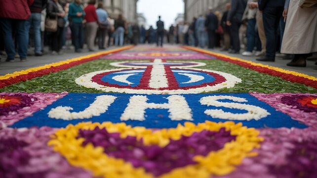 Colorful Holy Week Carpet with JHS Religious Symbol During Traditional Easter Procession
