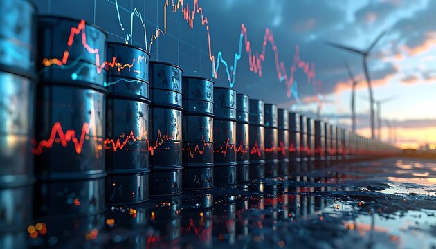 Row of oil barrels in front of wind turbines, with a stock market graph overlay, representing energy market fluctuations and renewable energy transition
