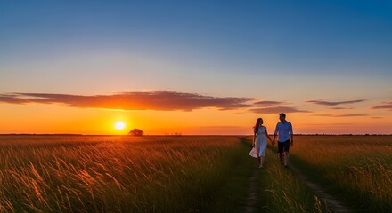 Fototapeta premium Couple walking hand in hand at sunset in a field of golden grass
