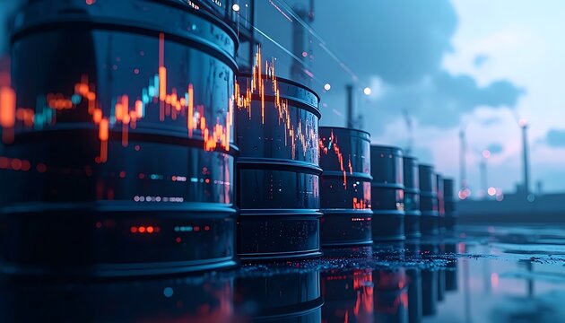 Row of oil barrels with a fluctuating stock market graph superimposed, symbolizing energy commodity trading and price volatility, with industrial background and dramatic lighting