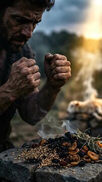 Biblical ancestral account: Cain brother, Abel sacrifice, religion narrative, divine disapproval, primal offering, human transgression, solemn devotion, ancient ritual, anguish regret.