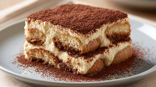 Klassisches Tiramisu mit Mascarpone, Kakao und Espresso &ndash; cremiges italienisches Dessert in hochwertiger Foodfotografie