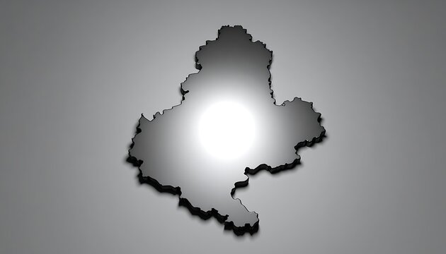 Shiny metallic map silhouette with glowing center on a gradient background, representing a region or territory, 3d render