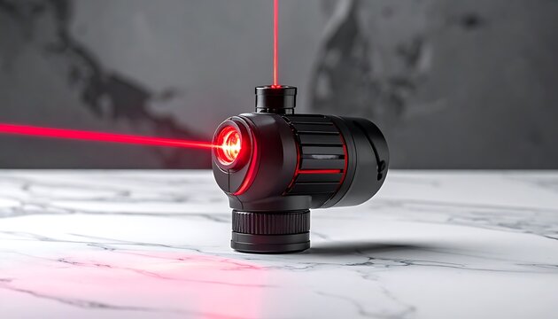 Small black tactical laser sight with red beam, focused on a target, gun accessory for aiming, illuminated red reticle and precision targeting