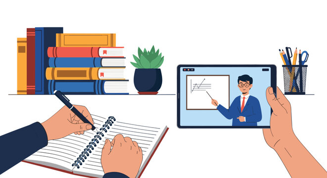 Student taking notes in a spiral notebook while watching an online educational lecture on a digital tablet at a study desk.