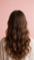 Naklejka premium A close-up shot of a woman with long brown wavy hair standing against a pink background, exuding elegance and simplicity.