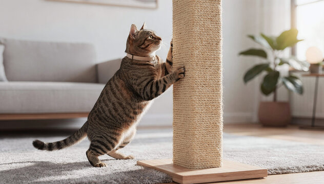 Tabby cat scratch post in home living room, animal pet behavior