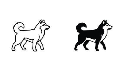 Elegant husky dog standing profile vector icon set featuring outline and solid black silhouette for pet and animal design © Digital
