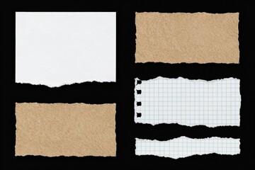 Fototapeta premium Different torn pieces of paper on a black background for craft or design projects
