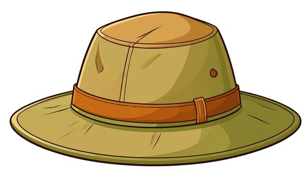 A flat-brimmed, olive-green sun hat with a brown band and a circular air vent on the side is depicted