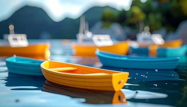 Small colorful fishing boats bobbing on calm blue water, scenic bay with distant hills and green trees, serene maritime scene
