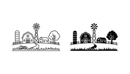 Farm landscape with barn silo and windmill icon set for rural agriculture design in line and solid black © Digital