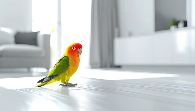 Small colorful lovebird standing on a white floor indoors with soft natural light from a window, bright and cheerful, home interior scene