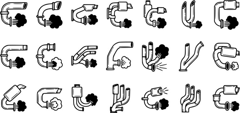 Automotive Exhaust System Vector Icons. Black and White Line Art Glyphs of Car Mufflers, Tailpipes, Headers, and Smoke Emissions.
