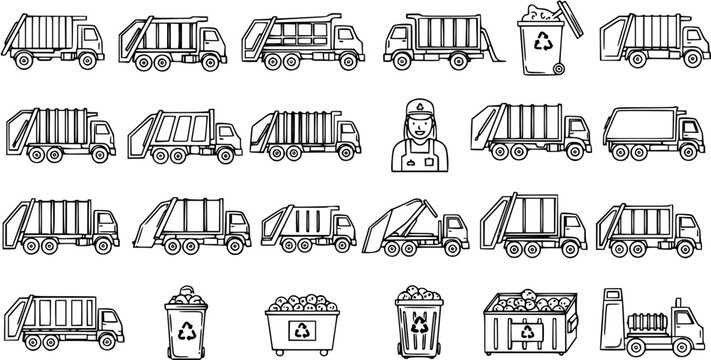 Black and White Line Art Icons of Various Garbage Trucks and Bins, Recycling Industry Theme