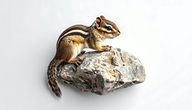 Small striped chipmunk perched on a textured rock against a clean white background, captured in a studio setting, natural detail