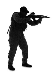 Fototapeta premium Silhouette of male soldier with rifle aiming on white background