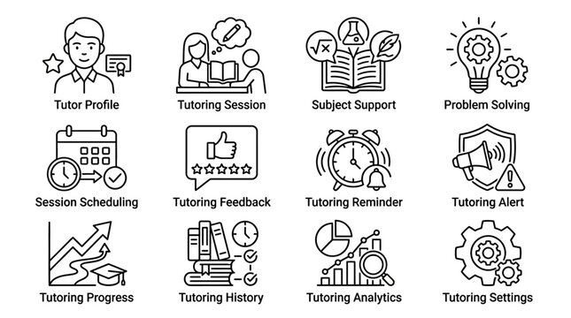 A set of black and white line icons depicting various aspects of online education and tutoring services including tutor profiles sessions scheduling feedback reminders and analytics