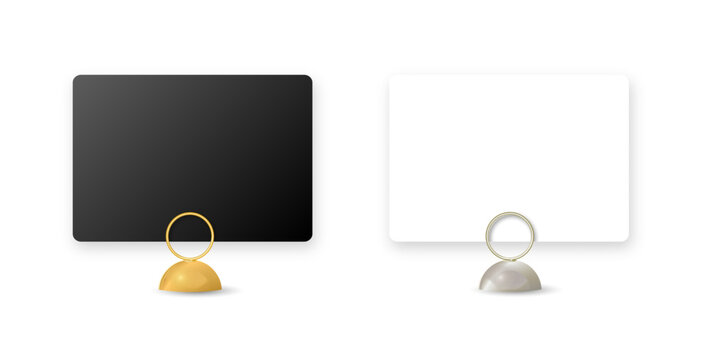 Metal card holder stand with clip for memo display on table. Blank sign template for business info, restaurant menu, or office desk presentation. Vector