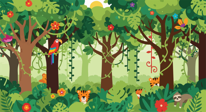 Tropical jungle landscape with cute wild animals, exotic rainforest background with tiger and parrot, lush green forest vector illustration