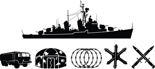 Military equipment defense icons collection, warship truck tent barbed wire obstacle bayonet vector illustration, armed forces artwork design graphic - black and white flat vector illustration © MD AMINUR