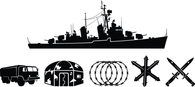 Military equipment defense icons collection, warship truck tent barbed wire obstacle bayonet vector illustration, armed forces artwork design graphic - black and white flat vector illustration