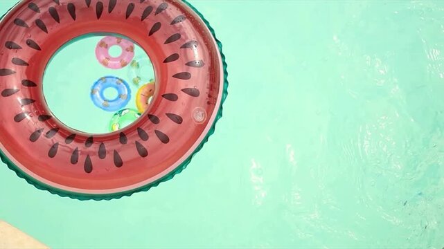 Child's arm playing with watermelon and donut floats in clear blue swimming pool water, overhead