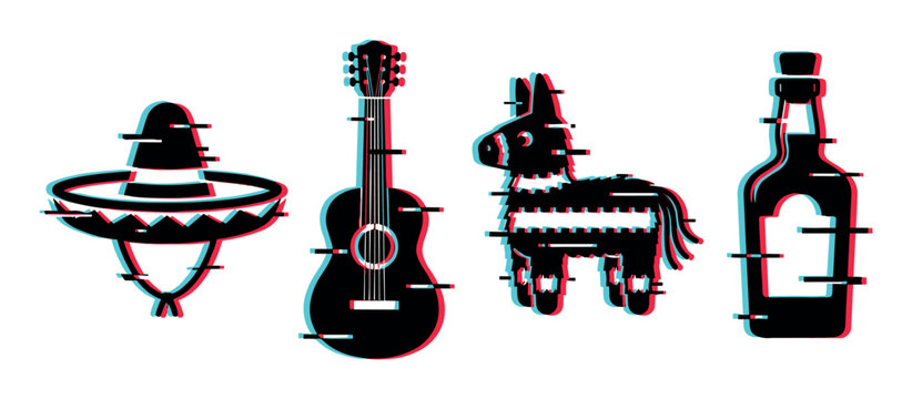 Sombrero guitar pinata tequila bottle icons with glitch effect, vector illustration for Mexican culture and celebration