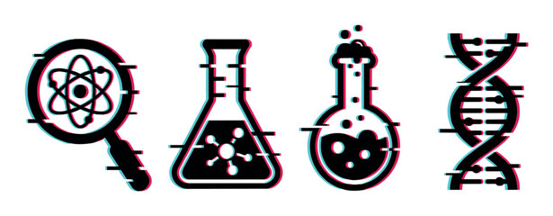 Naklejka premium Magnifying glass atom, conical flask molecule, round bottom flask bubbles, and DNA helix science icons with glitch effect
