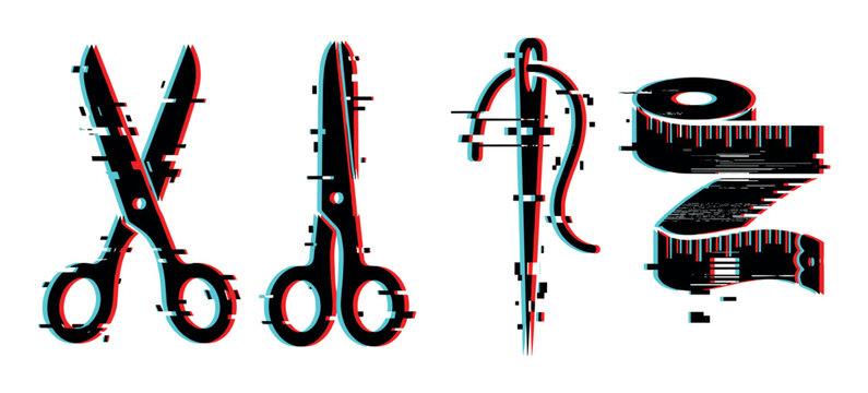 Scissors needle measuring tape sewing tools glitch effect vector illustration set for tailoring and fashion design