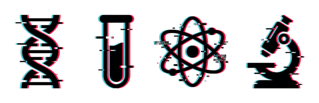 DNA test tube atom microscope science icons with glitch effect, vector illustration