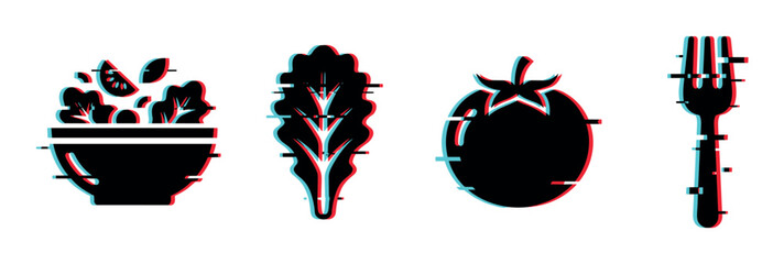Naklejka premium Salad bowl, lettuce, tomato, and fork icons with a modern glitch effect, perfect for healthy food and diet concepts