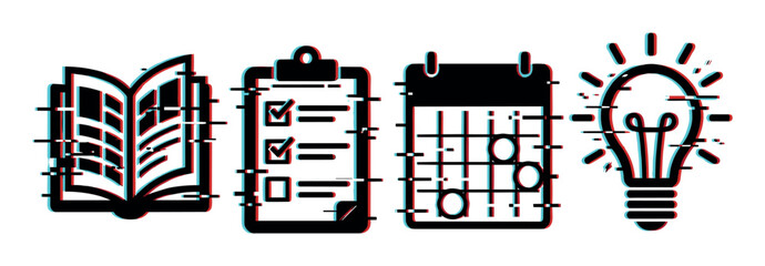 Obraz premium Book checklist calendar lightbulb icons with glitch effect, representing education, planning, and ideas in a digital style