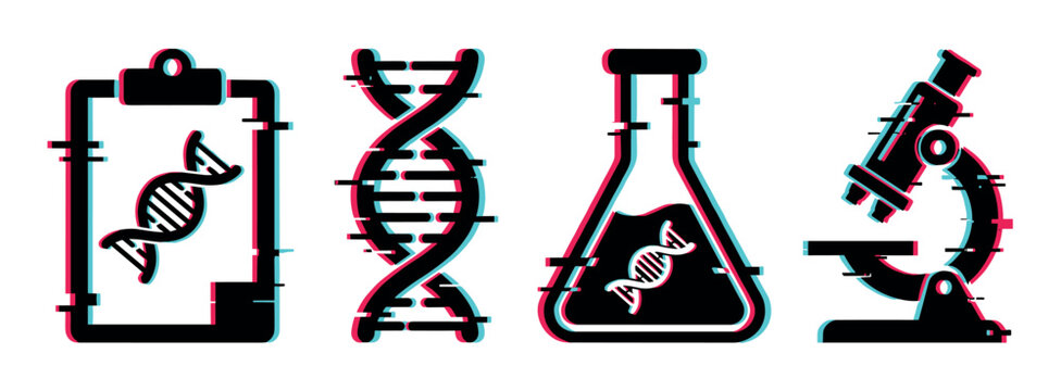 Clipboard DNA flask microscope icons with glitch effect, representing genetic research and scientific study