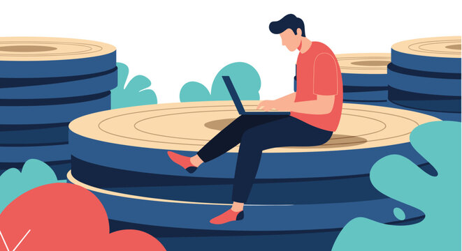Man sitting on a stack of giant gold coins and working on his laptop representing financial success and online earning.
