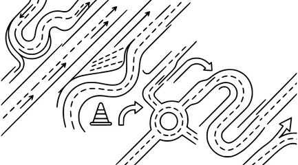 Road route line art vector collection with curved streets and traffic cone icons © MDSAKIB