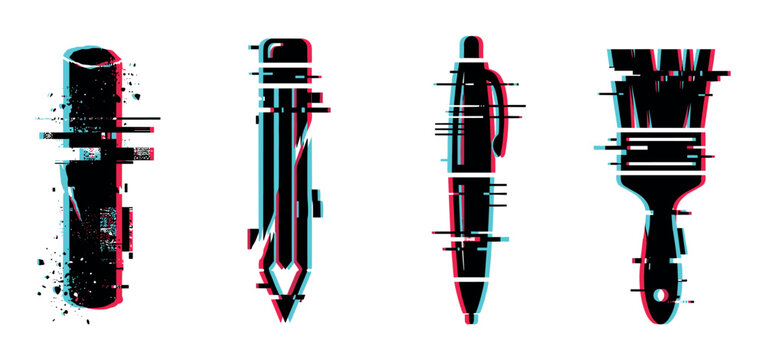 Pencil pen brush marker drawing tools with digital glitch effect vector illustration