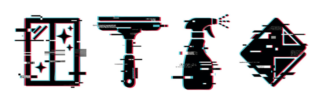 Window squeegee spray bottle warning sign icons with digital glitch effect vector illustration