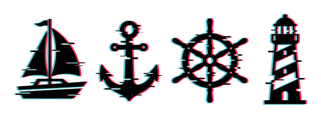 Fototapeta premium Sailboat anchor ship wheel lighthouse icons with glitch effect, vector illustration in flat design style