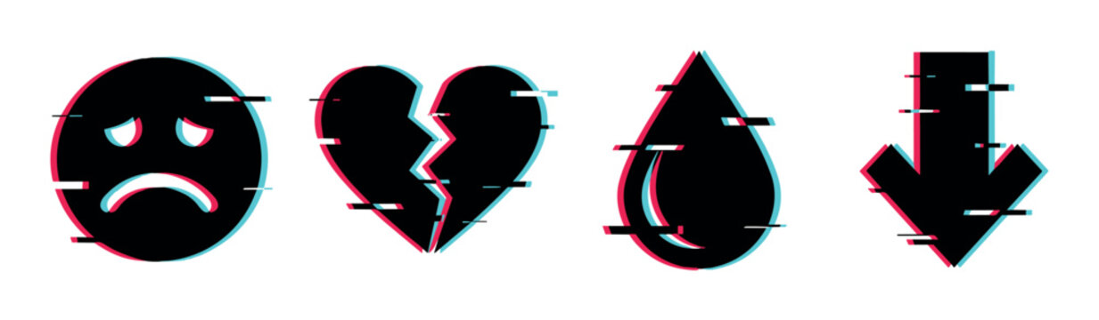 Sad face broken heart tear drop down arrow icons with glitch effect, vector illustration for social media and digital design